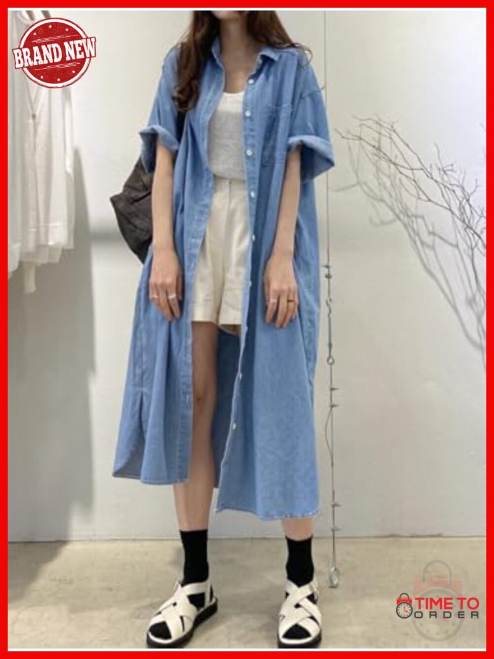 Women's Casual Short Sleeve Long Denim Shirt Dress Button Down Loose Fit Midi - Picture 4 of 5